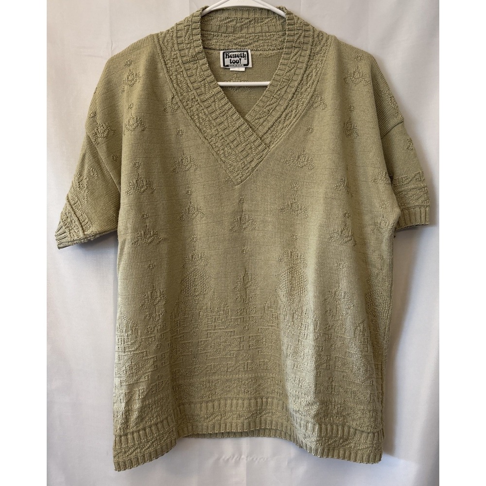 Vtg Keneth Too! Light Green Short Sleeve Polo Sweater Women's Textured L‎